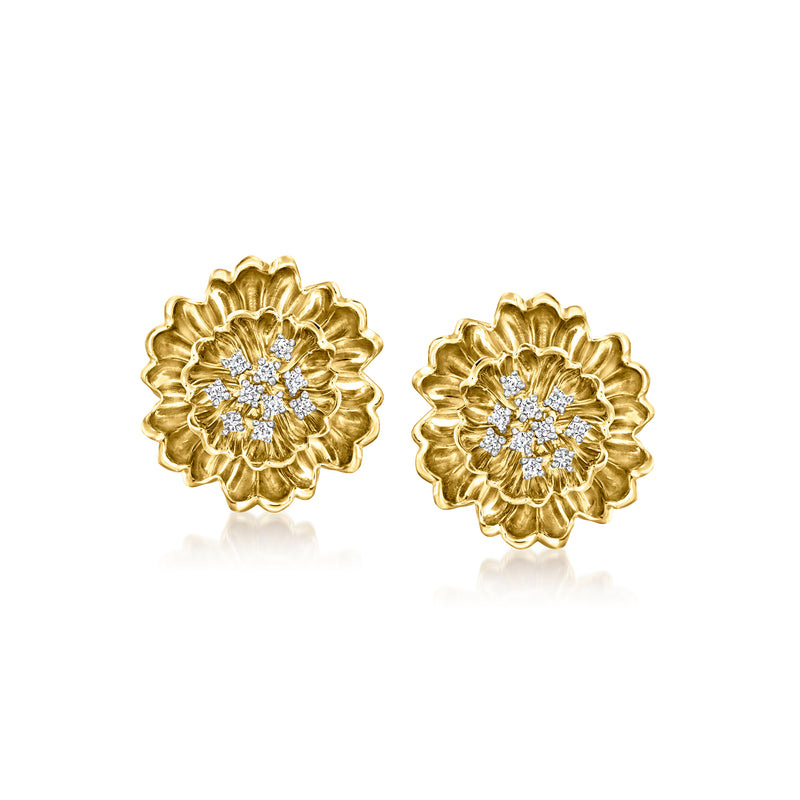 Gold diamond flower post earrings with round center