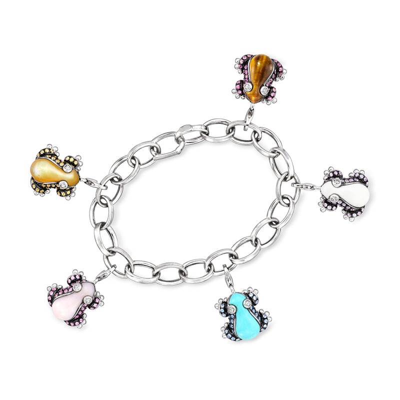 White gold frog charm bracelet with oval multi-gemstones and diamond accents, linked chain.