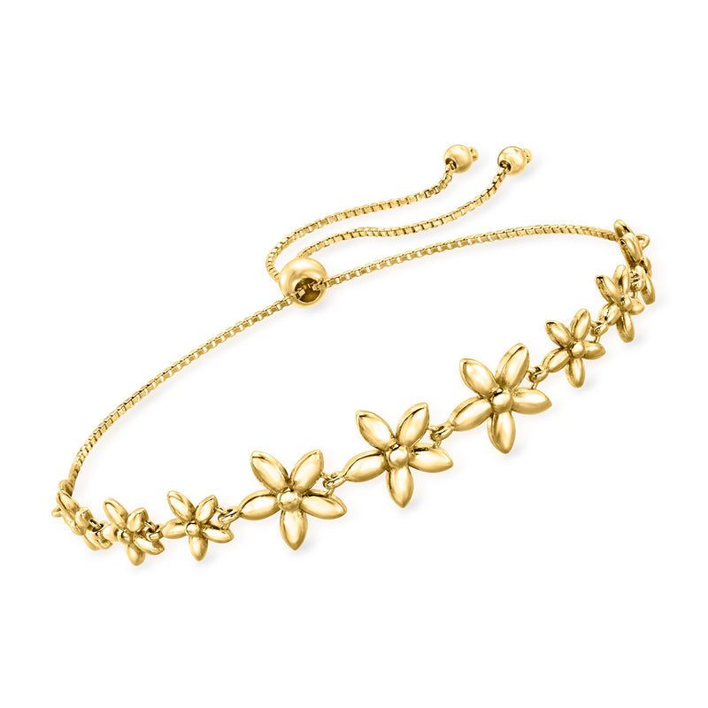Gold over sterling bolo bracelet with floral charm links and adjustable bolo clasp