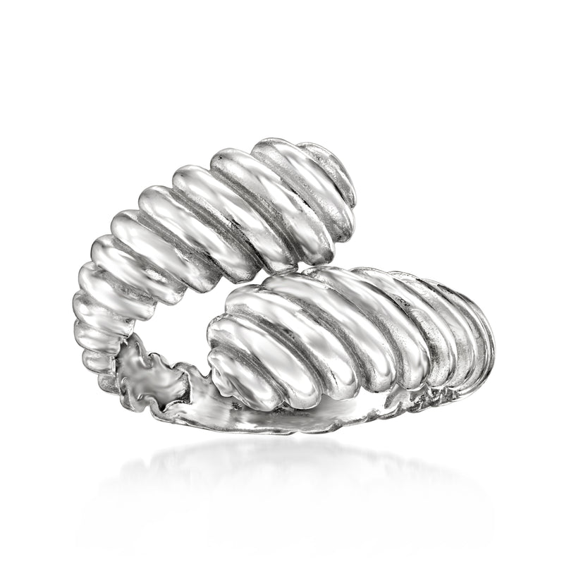 Sterling silver bypass ring with sculpted shrimp motif and ribbed domes