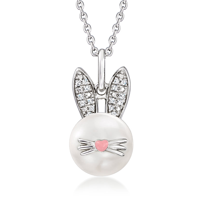 Sterling silver bunny pendant necklace with cultured pearl and diamond accents, pink nose
