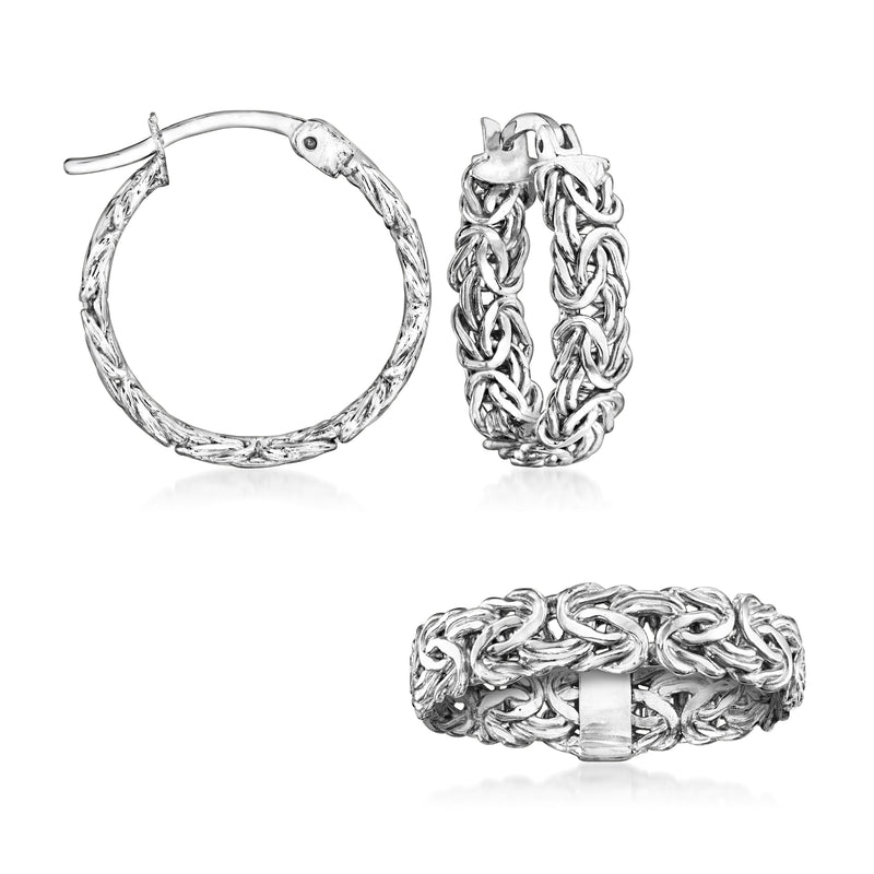 Sterling silver Byzantine hoop earrings and matching ring set, linked chain pattern