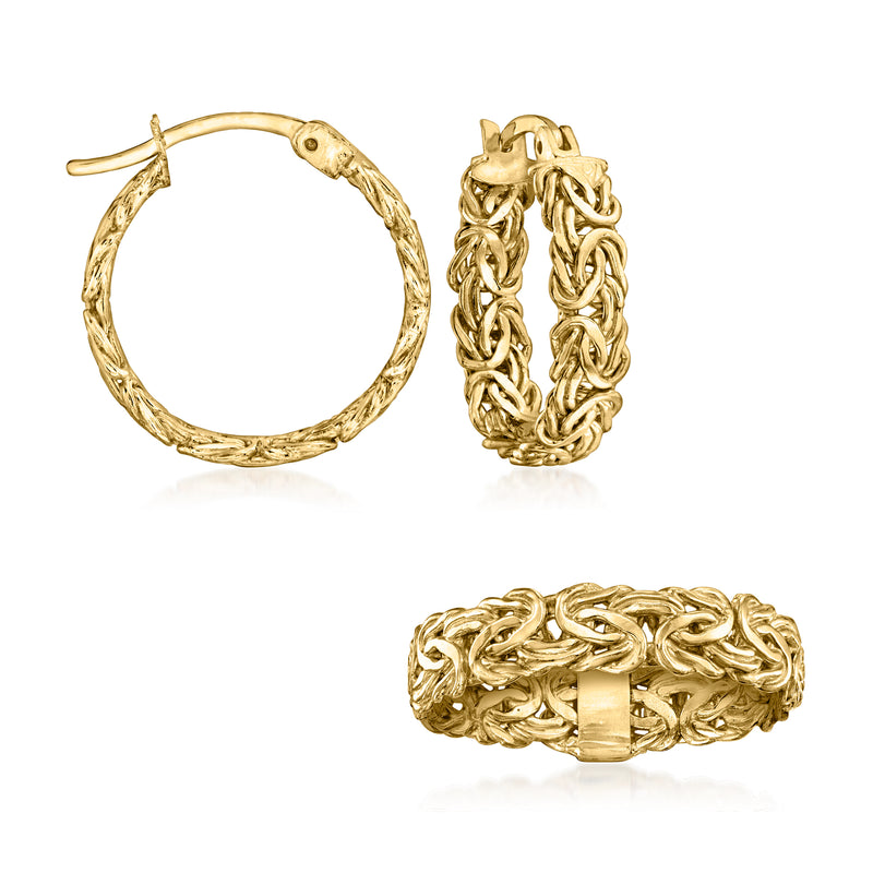 Gold over sterling Byzantine hoop earrings and ring set with textured chain-link design