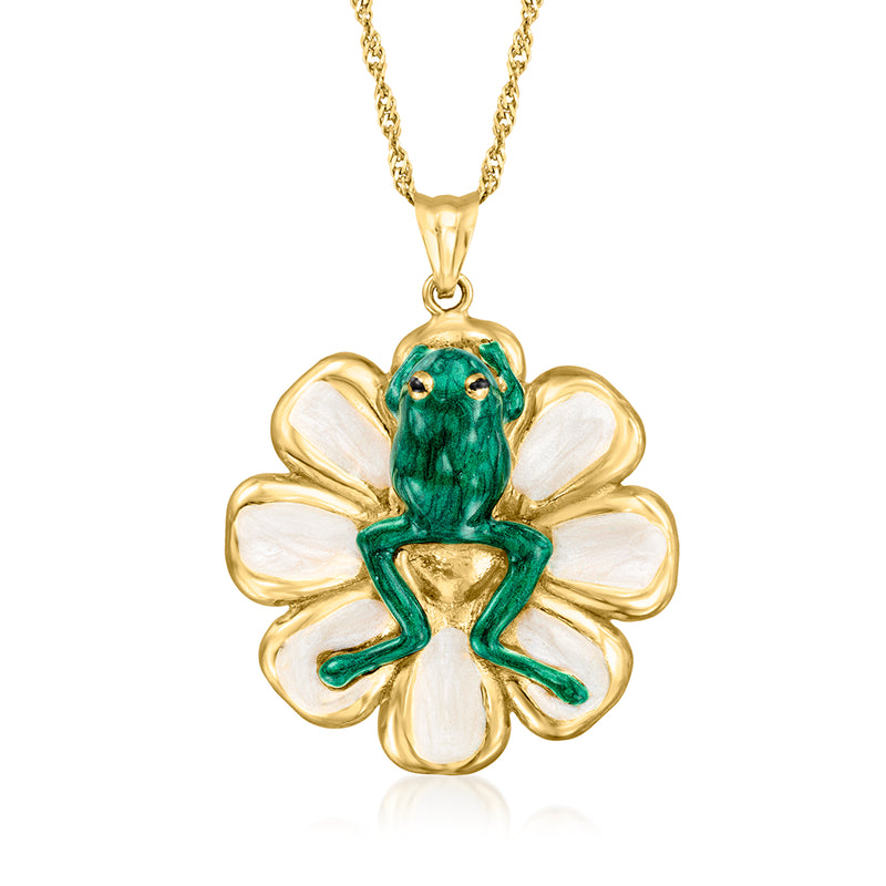 Gold over sterling necklace with multicolor enamel frog on flower pendant