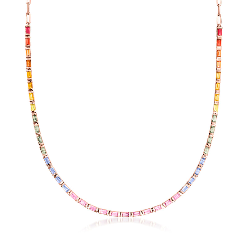 Multicolored sapphire tennis necklace in rose gold over sterling with gemstone row