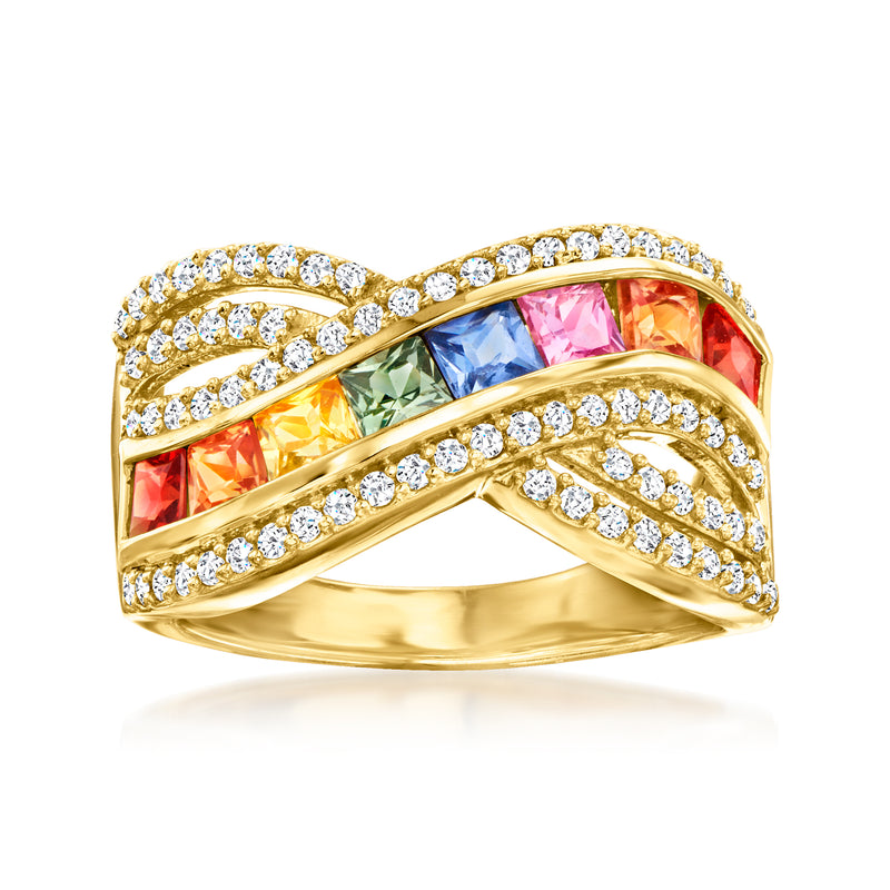 Gold over sterling ring with multicolored sapphire row and white zircon accents