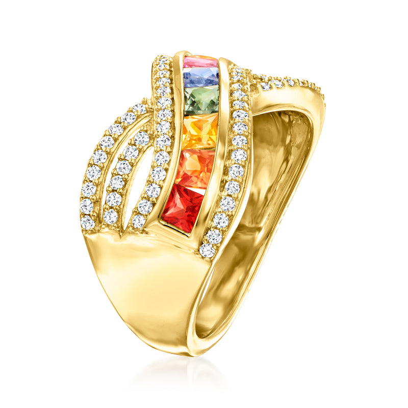 Gold over sterling ring with multicolored sapphire center and white zircon accents