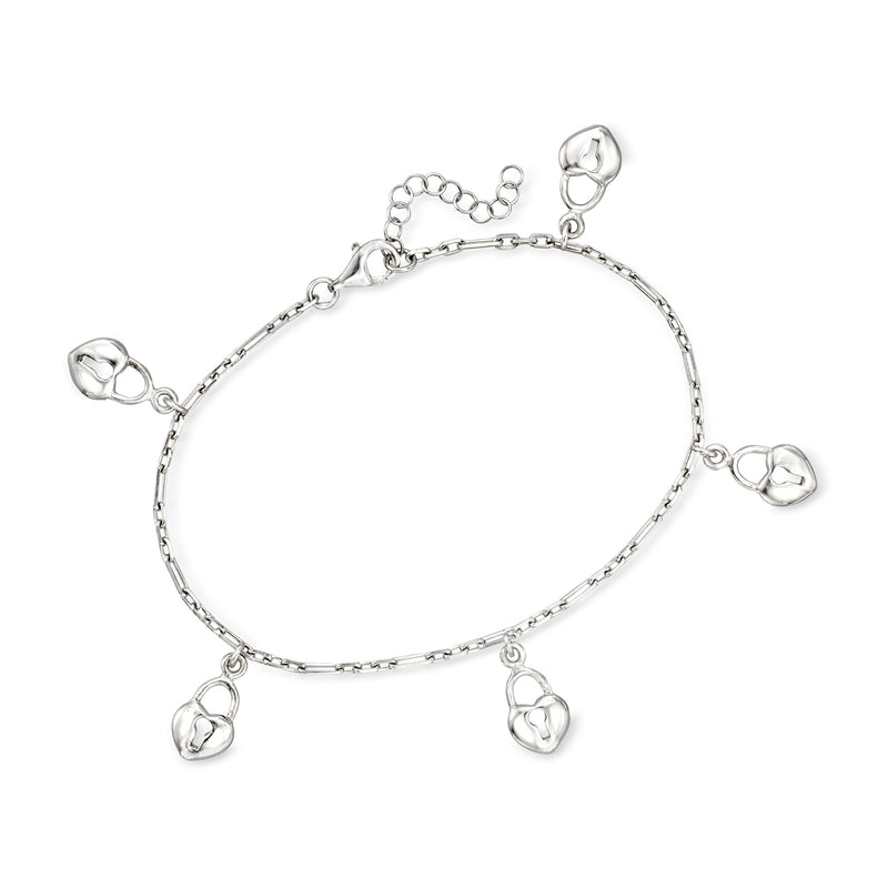 Sterling silver heart padlock station bracelet with dangling heart charms