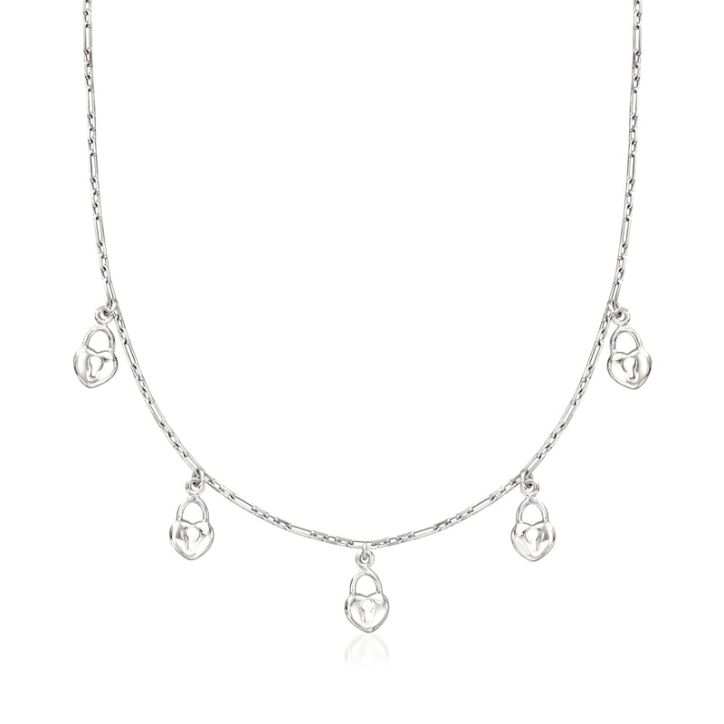 Sterling silver heart padlock station necklace with five small padlock charms