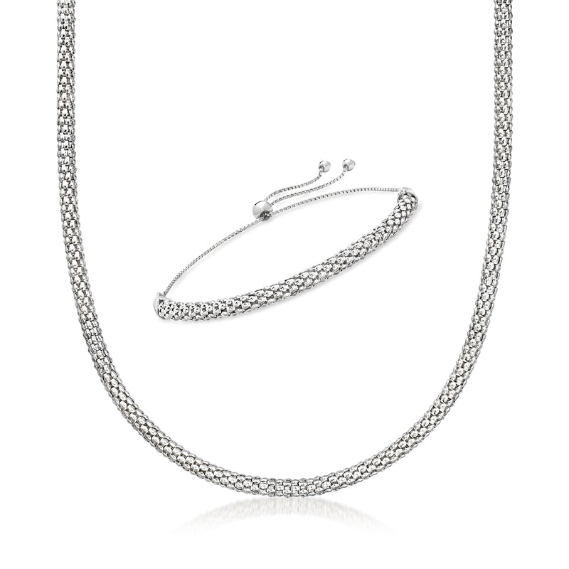 Sterling silver popcorn-chain jewelry set with bolo bracelet and necklace