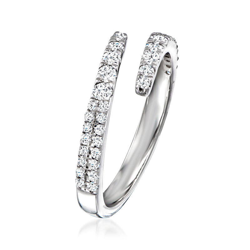 Sterling silver bypass ring with two rows of round diamonds along the curved band