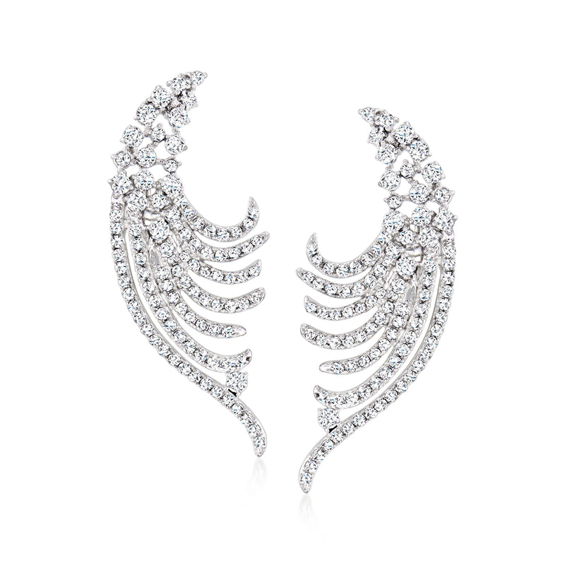 Sterling silver diamond drop earrings with curved leaf-like pavé design
