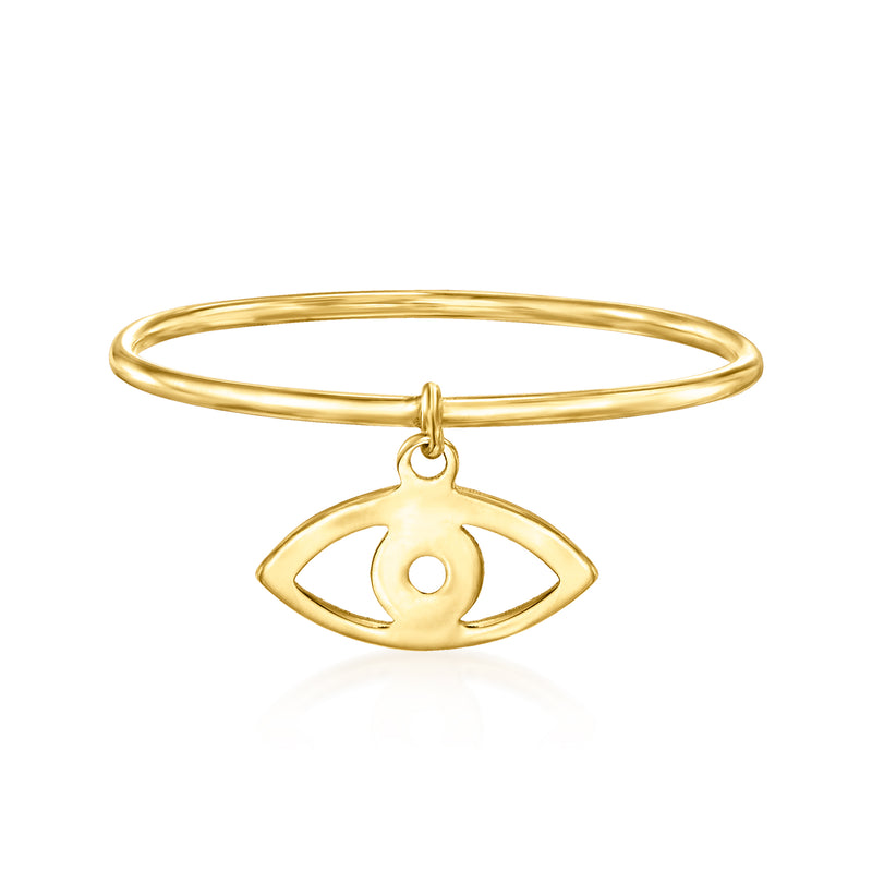 14kt yellow gold evil eye charm ring with dangling eye-shaped pendant