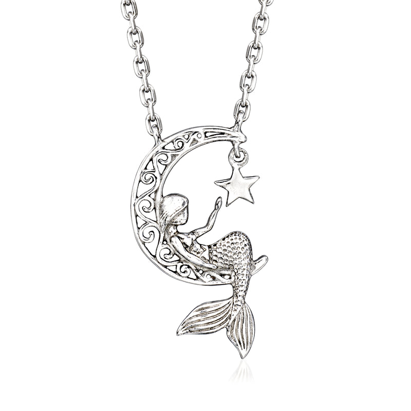 Sterling silver crescent moon mermaid pendant necklace with star accents and link chain