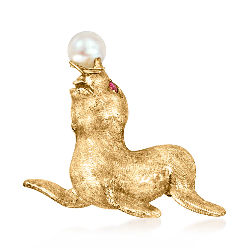 Vintage 14kt yellow gold seal pin with 6.5mm cultured pearl and ruby accents