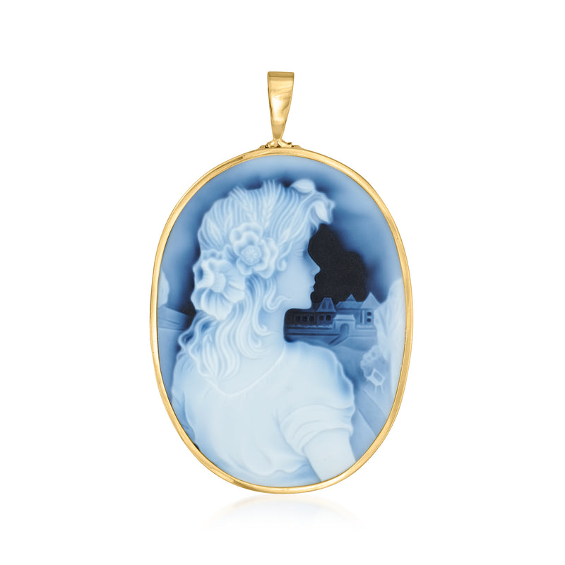 18kt yellow gold oval cameo pendant with blue relief profile and house scene bezel