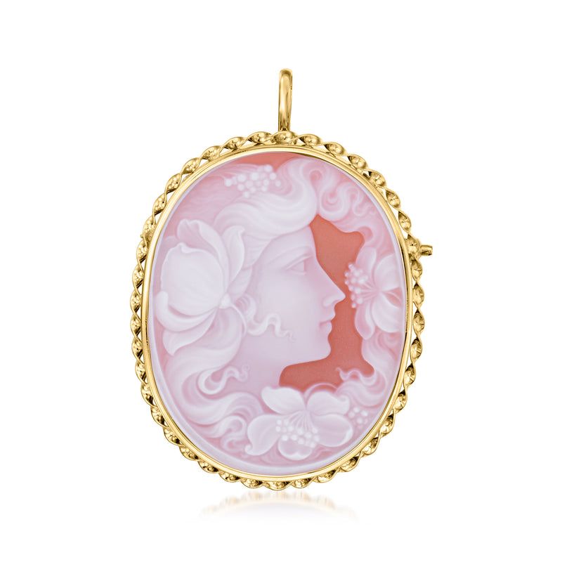 Vintage 18kt yellow gold oval red agate cameo pendant with pink and white profile