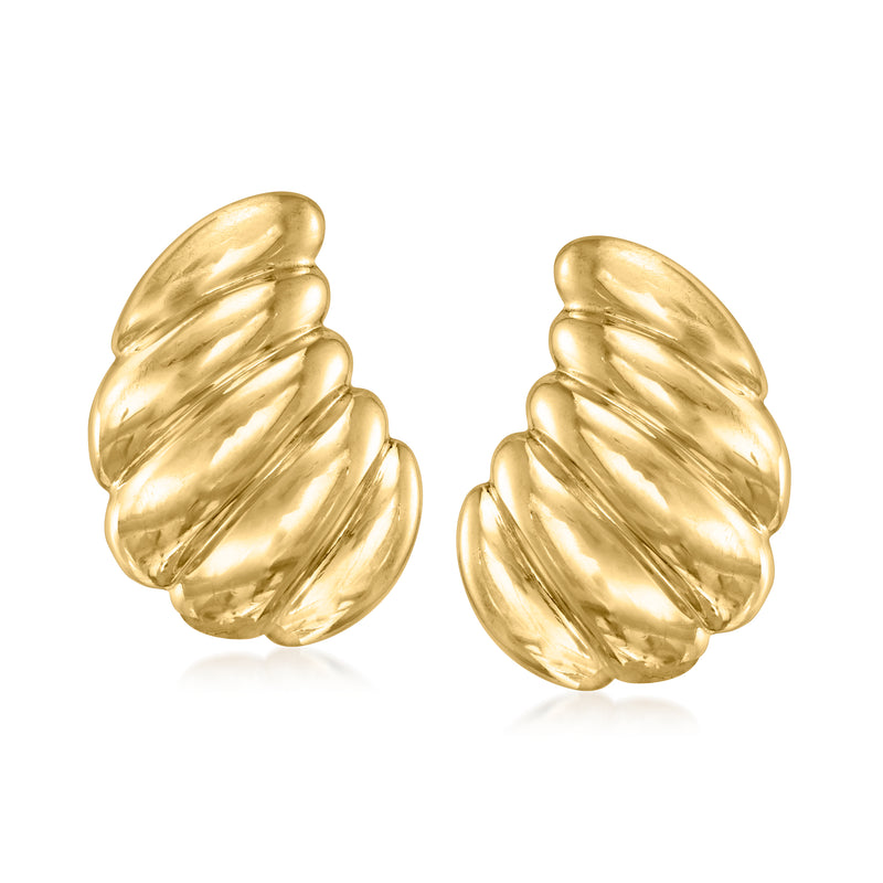 Vintage yellow gold shrimp-shaped stud earrings with polished scalloped texture