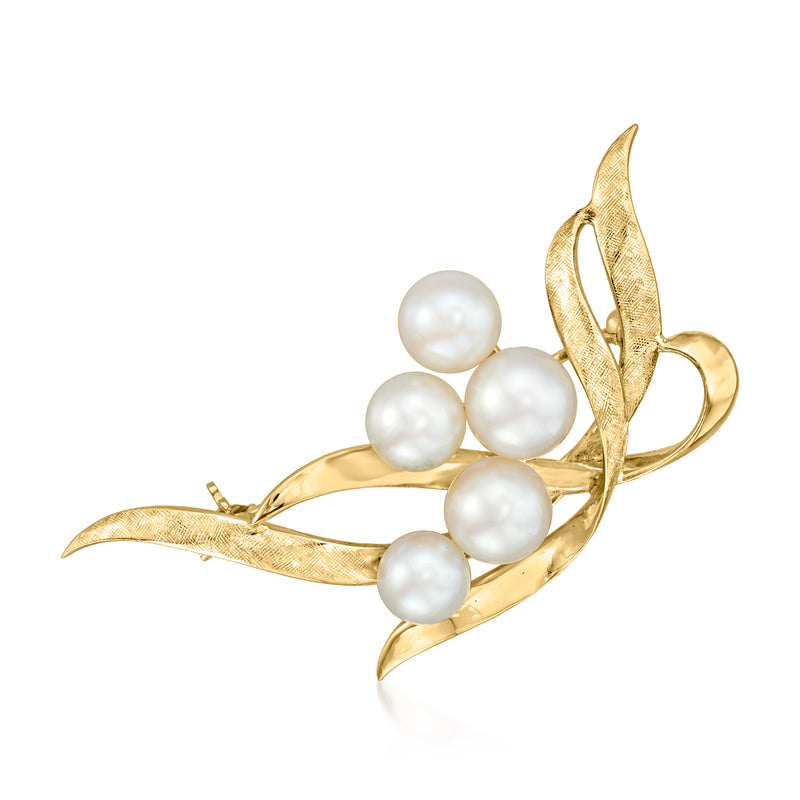 Vintage yellow gold swirl pin with three white cultured pearls