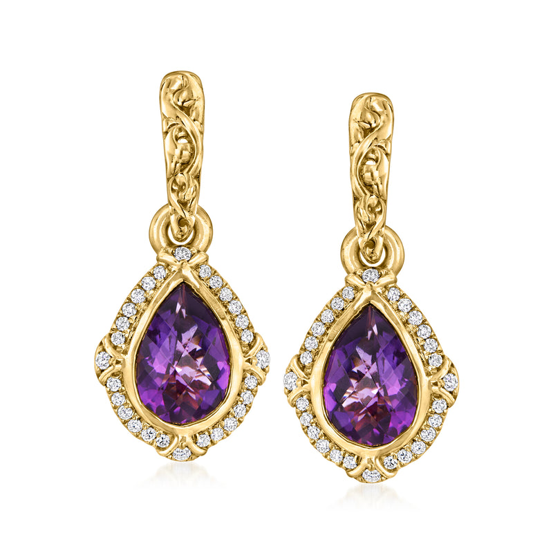 18kt yellow gold drop earrings with oval amethyst and diamond halo
