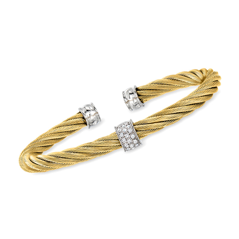 Yellow stainless steel cable cuff bracelet with three white gold diamond stations