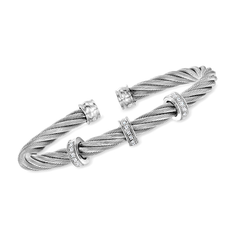 Gray stainless steel cable cuff bracelet with diamond station accents in white gold