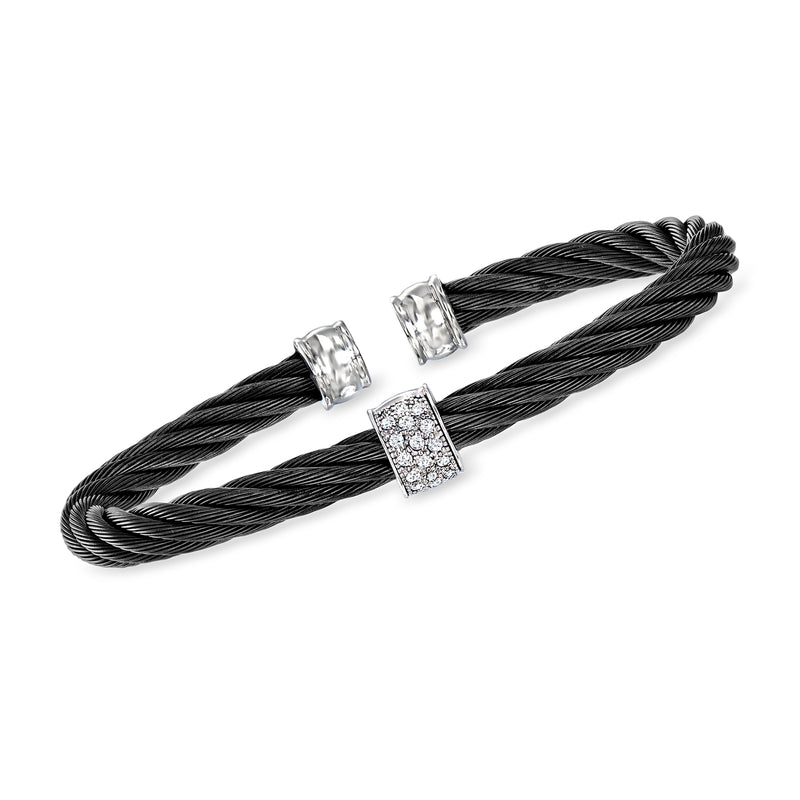 Black braided stainless steel cuff bracelet with three diamond stations in white gold