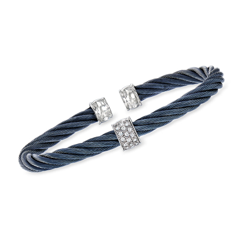 Blue cable cuff bracelet with white gold diamond stations, stainless steel.