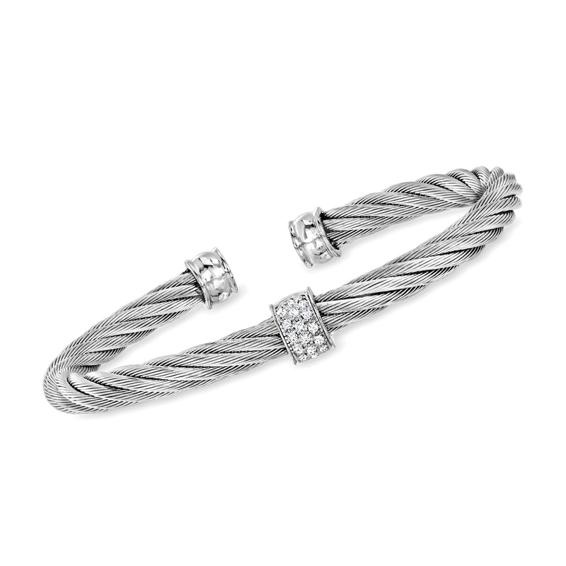 Gray stainless steel cable cuff bracelet with diamond station in white gold