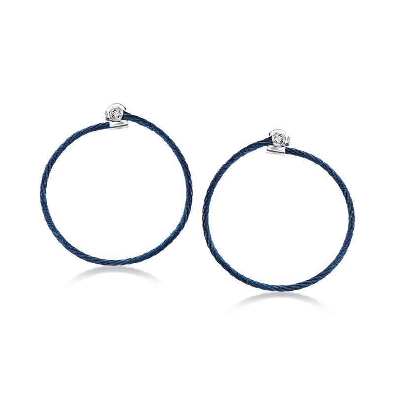 Blue twisted cable hoop earrings with small diamonds in 18kt white gold mounts