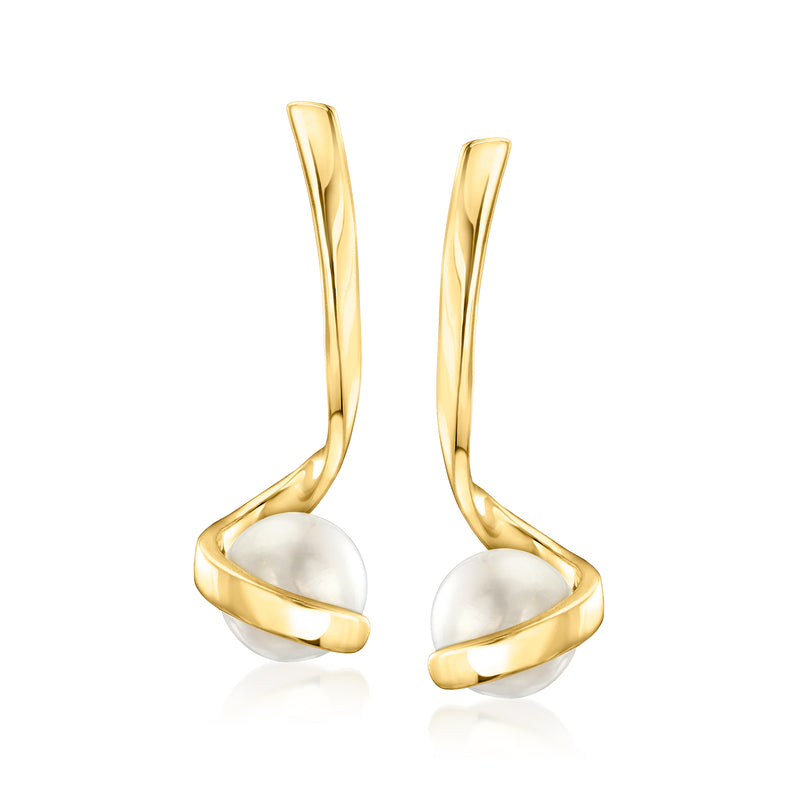 18kt gold over sterling drop earrings with 7mm white cultured pearls, curved setting