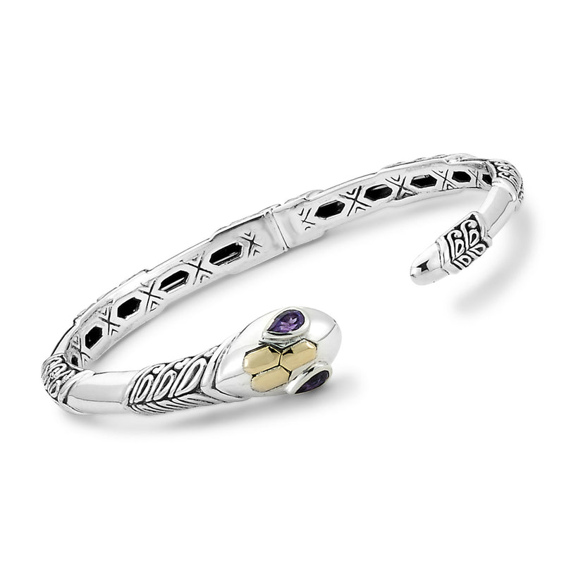 Sterling silver snake cuff bracelet with amethyst stone and yellow gold accents