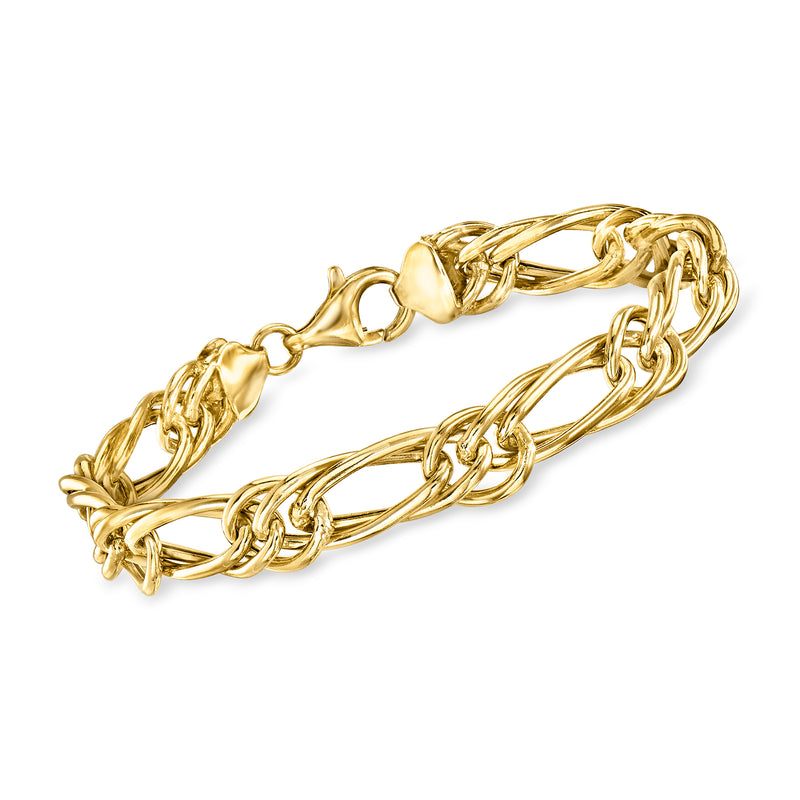 Gold over sterling multi-link bracelet with mixed chain links and clasp detail