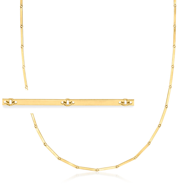Yellow 14kt gold mirror-bar necklace with rectangular bar and small link chain