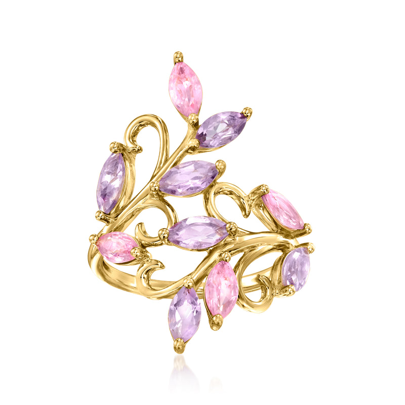 14kt yellow gold vine ring with oval pink and purple gemstones for a sparkling cluster look