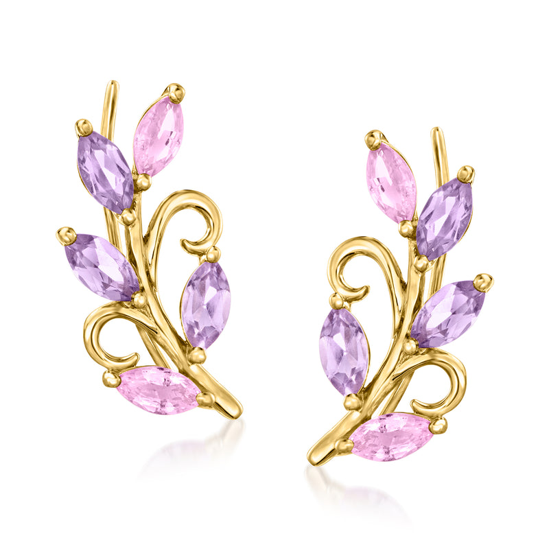 14kt yellow gold vine ear climber earrings with pink and amethyst pear gemstones