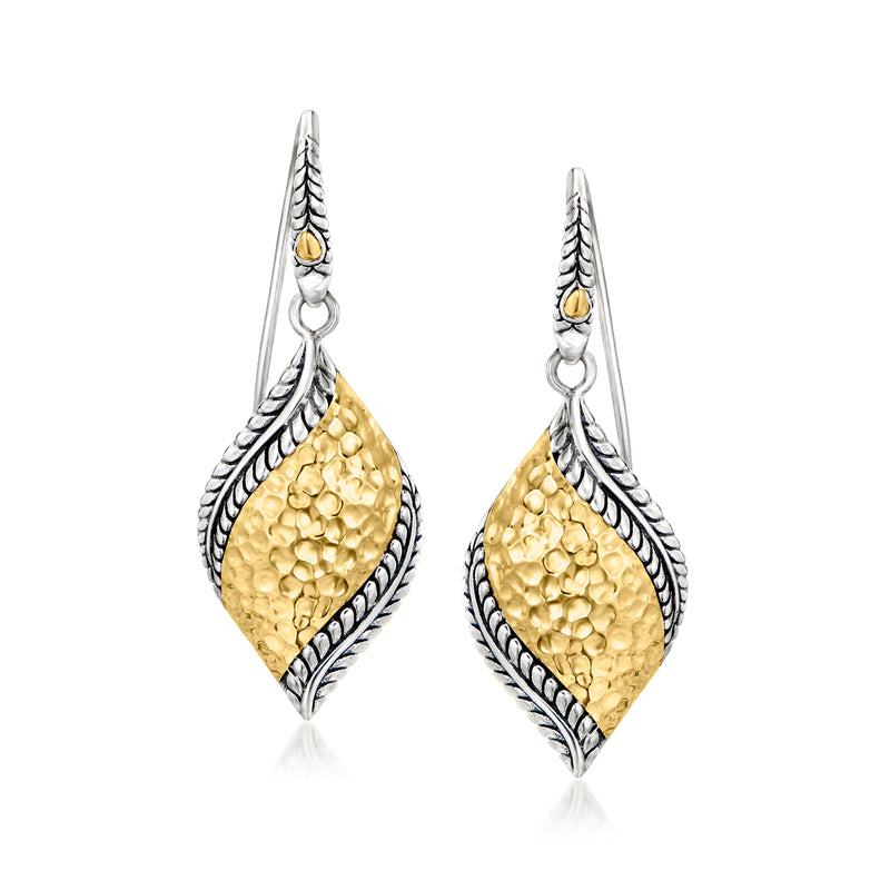 Marquise drop earrings with textured 18kt yellow gold teardrop and sterling silver Bali border