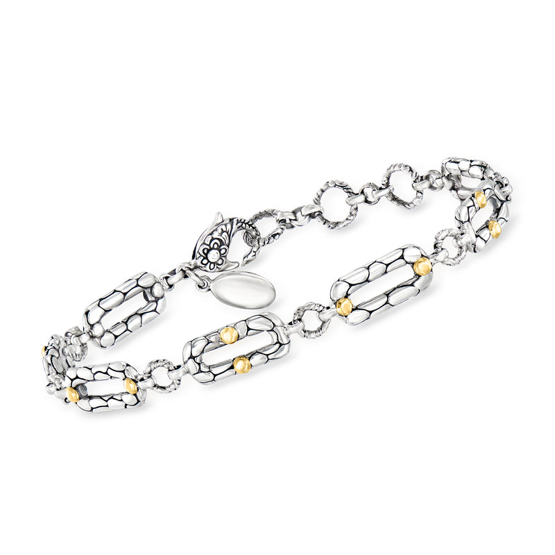 Sterling silver paper clip link bracelet with yellow gold bead accents and clasp