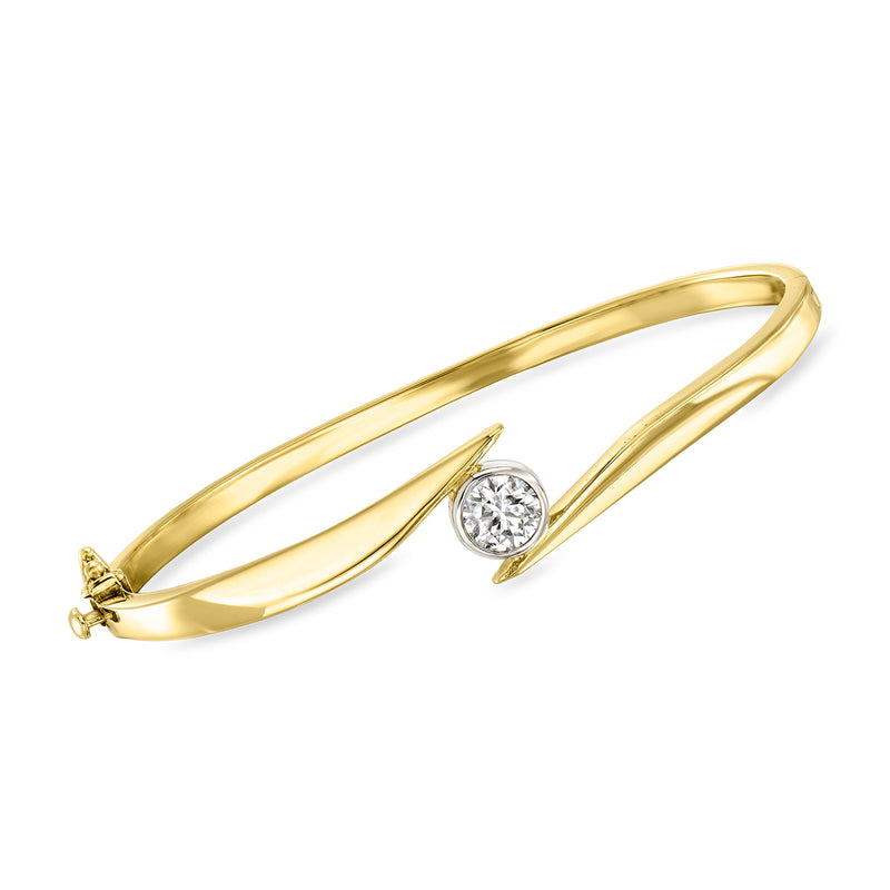 Vintage diamond bangle bracelet in 18kt yellow gold with white-gold prong-set center