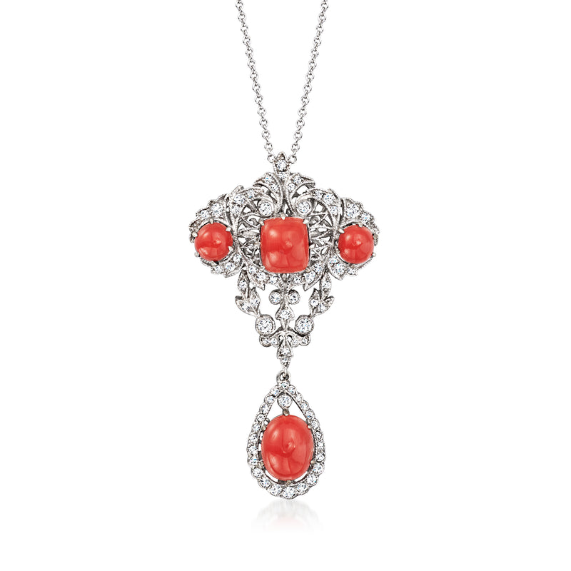 Vintage coral pendant necklace with red cabochon stones and diamond accents, white gold chain