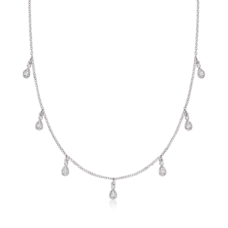14kt white gold diamond drop necklace with five pear-shaped drops and cable chain