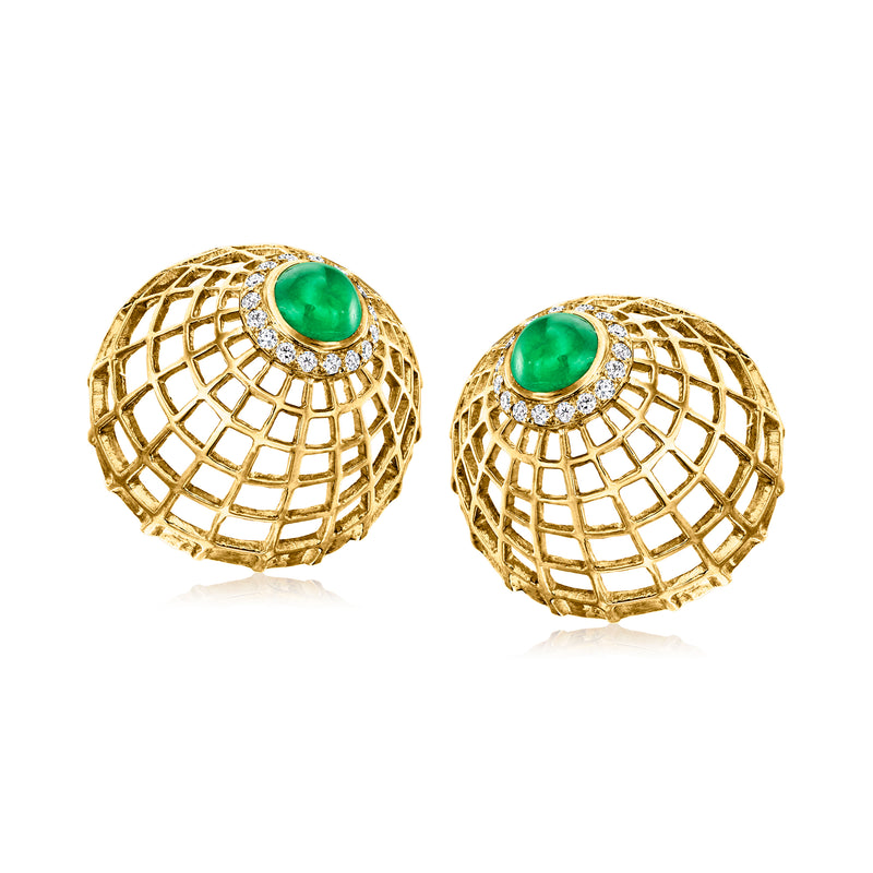 18kt yellow gold lattice clip-on earrings with green cabochon and diamond accents