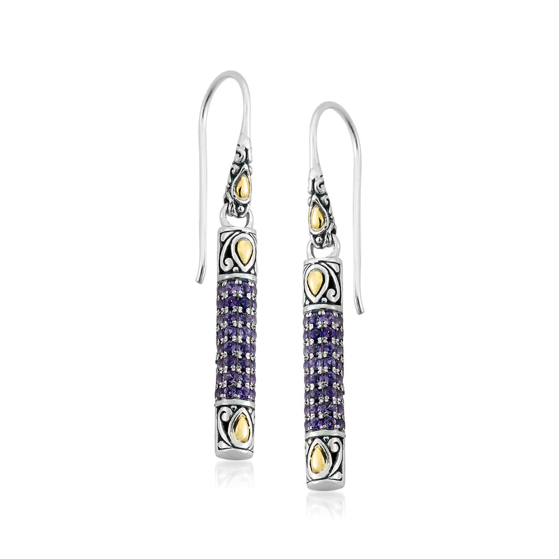 Sterling silver Bali-style drop earrings with pavé amethyst and 18kt gold accents