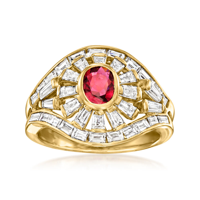 Vintage 18k yellow gold ring with oval ruby center and baguette diamond halo