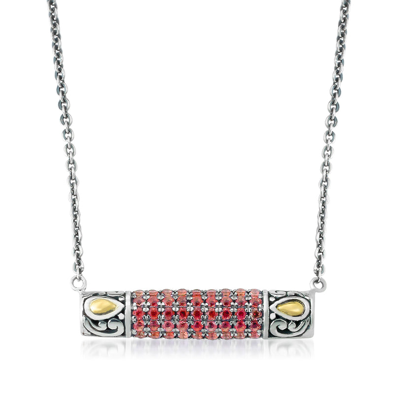 Sterling silver bar necklace with pavé garnet center and gold accents