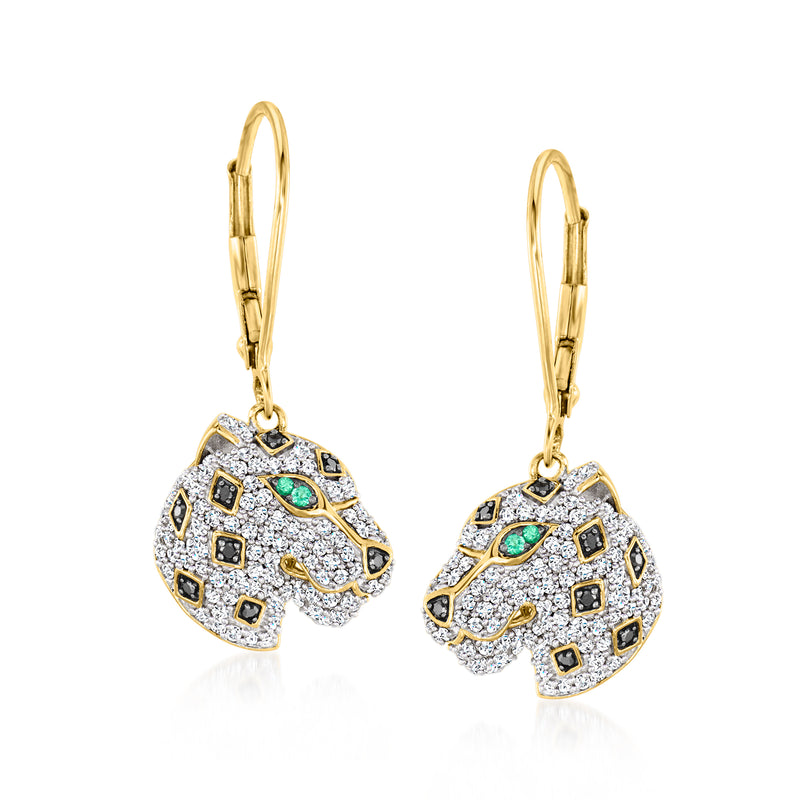 Leopard drop earrings in gold over sterling with black and white diamonds and emerald accents