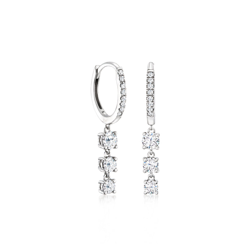 14kt white gold diamond hoop drop earrings with three dangling stones