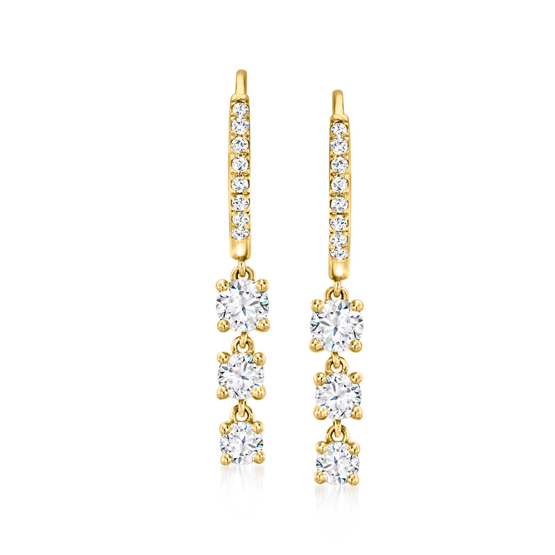 14kt yellow gold diamond hoop drop earrings with three dangling round stones