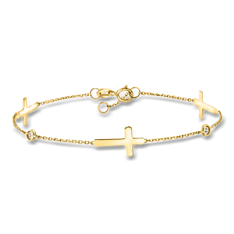 Yellow gold cross station bracelet with diamond accents and adjustable clasp