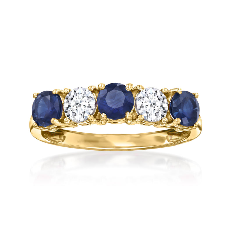 14kt yellow gold five-stone ring with blue sapphires and lab-grown diamond accents